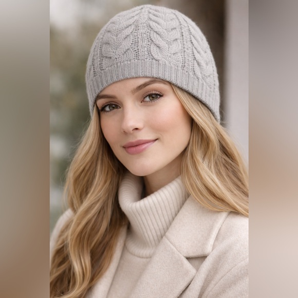 Pure Collection Accessories - PURE 100% Cashmere Cable Knit Beanie Hat Gray Soft Luxury Winter